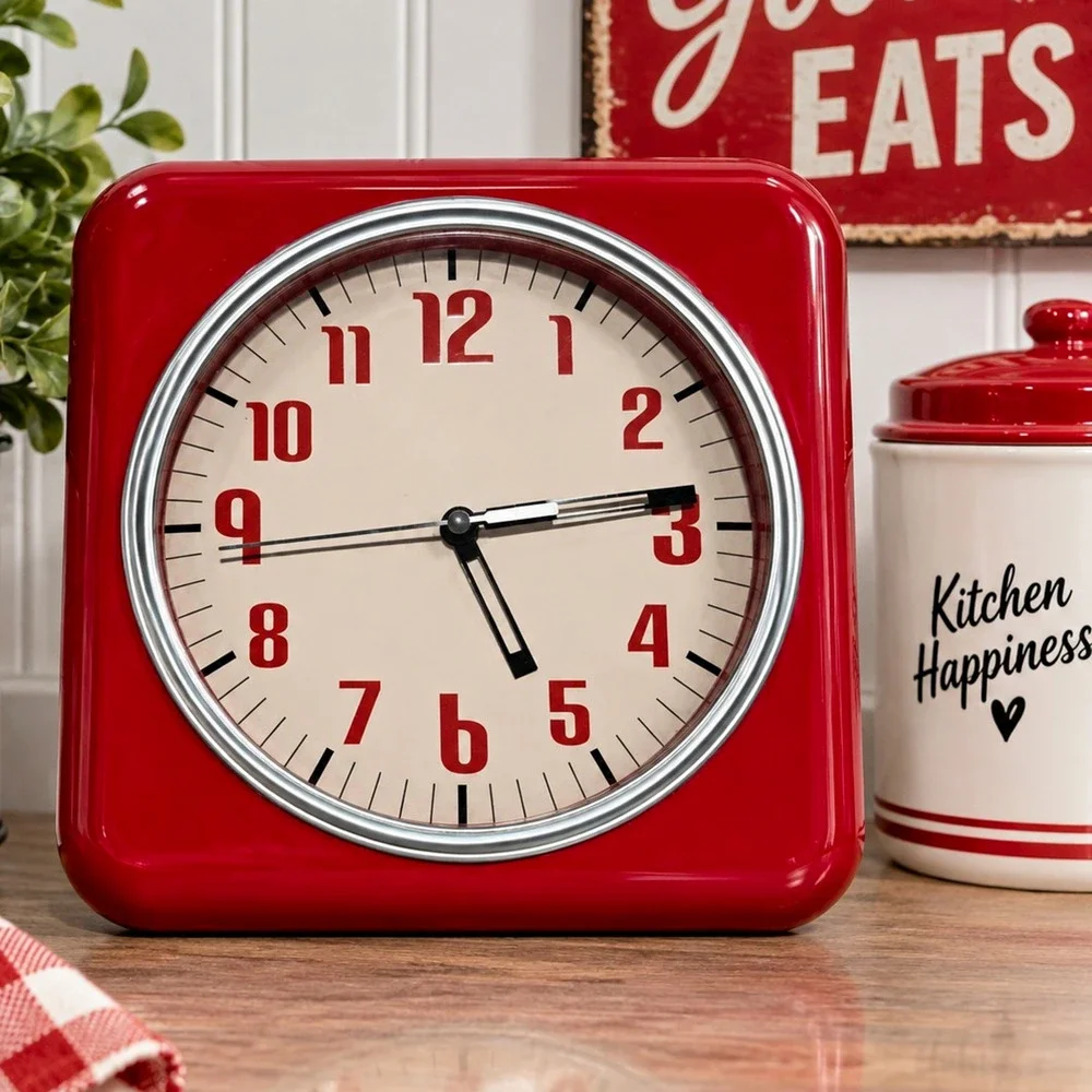 Retro Red Square Wall Clock 9” Quartz Diner Kitchen Vintage Style Tested Works